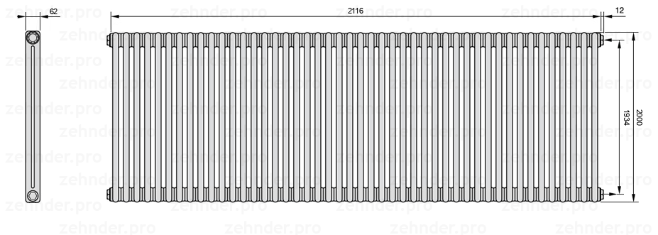 Схема (чертеж) Радиатор Zehnder Charleston 2200/46 №7610 Белый глянцевый RAL 9016